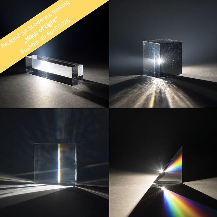 Vier Fotografien von glasklaren Prismen und Würfeln auf dunklem Hintergrund, die Licht brechen und Regenbogen sowie schmale Lichtstreifen erzeugen; oben links ein längliches Rechteckprisma mit seitlich einfallendem Licht, oben rechts ein glänzender Glaswürfel, der punktförmiges Licht und gestreute Reflexe zeigt, unten links ein quadratischer Glasblock mit vertikalem Regenbogenstreifen und diffus gestreuten Lichtstrahlen, unten rechts ein dreieckiges Prisma, das ein deutliches Spektrum mit kräftigen Regenbogenfarben auf die Oberfläche wirft; oben links diagonal ein gelbes Banner mit weißer deutscher Beschriftung: „Passend zur Sonderausstellung ‚Ways of Light‘ Buchbar ab April 2026“.