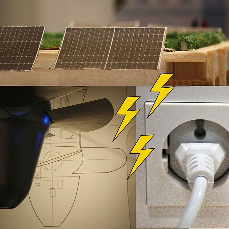 Collage mit drei Energie-Themen: oben Miniatur-Holzdach mit zwei Solarpaneelen und Gründach, links Propeller einer Wind- oder Wasserturbine vor technischer Skizze, rechts eine eingesteckte Steckdose mit gelben Blitz-Symbolen zur Kennzeichnung von Strom.