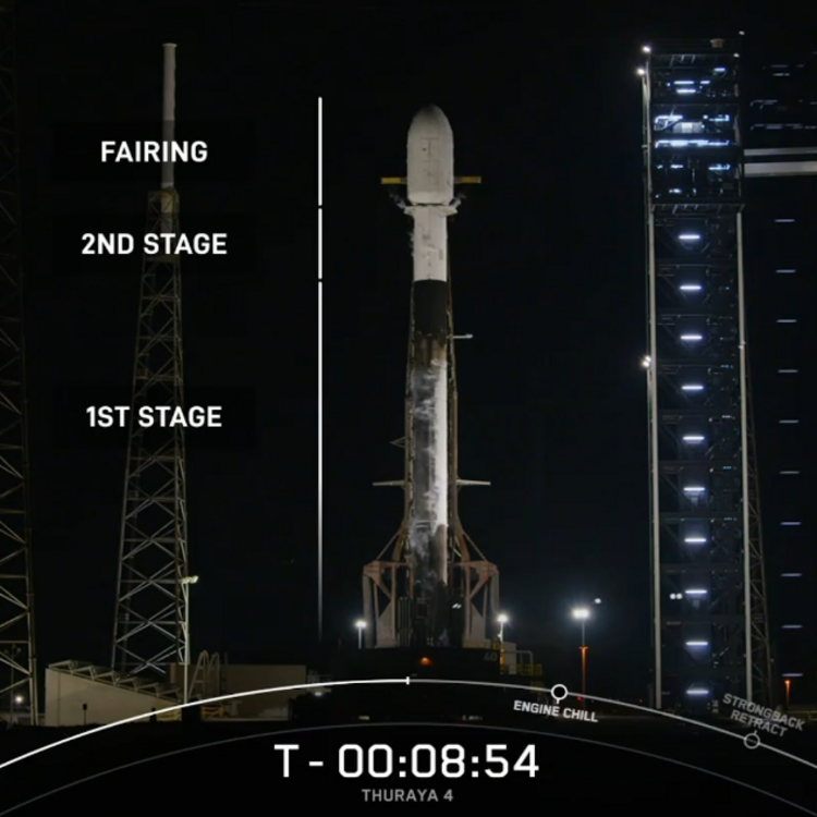 Die nachts auf der Startrampe stehende, vertikal ausgerichtete Orbitalrakete vor hell beleuchteten Startturmen; linke Beschriftungen zeigen Fairing, 2nd Stage und 1st Stage, unten Countdown-Anzeige "T‑00:08:54" und Missionsname "THURAYA 4".