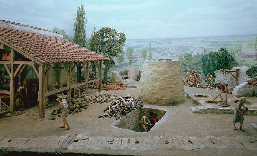 Diorama einer römischen Töpferwerkstatt in Augst bei Basel.