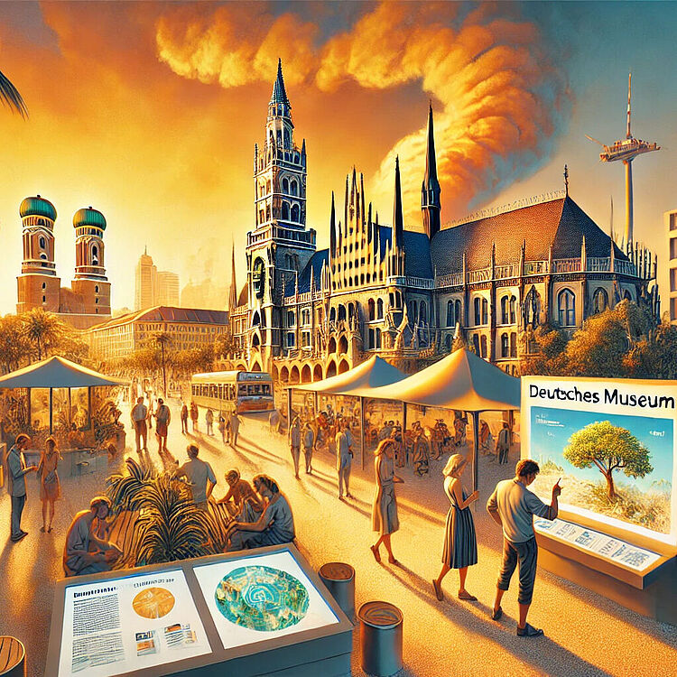 Illustration belebtes München in strahlendem Sonnenlicht mit vielen Info-Tafeln
