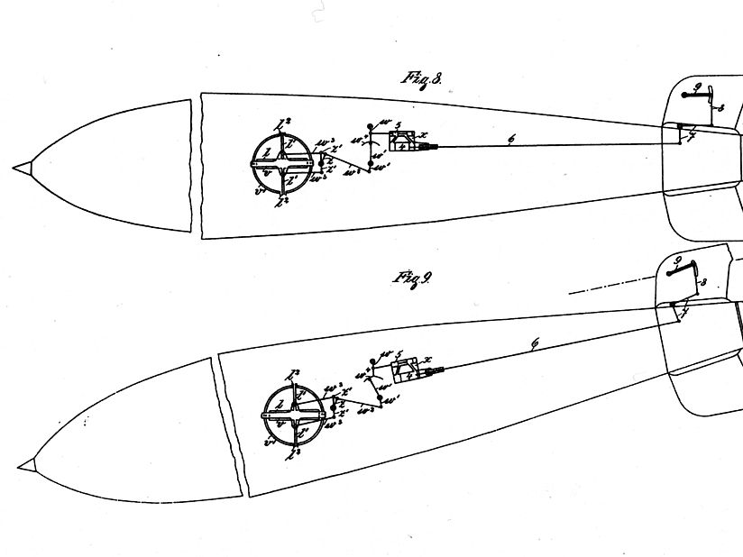 Skizze eines Torpedos mit Geradlaufapparat.