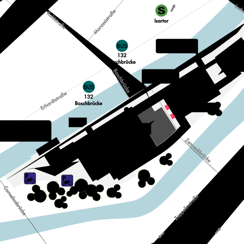 Ein Lageplan des Deutschen Museums auf der Museumsinsel mit Anbindung an den öffentlichen Nahverkehr.