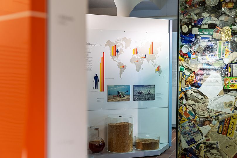 Blick in die Ausstellung Umwelt mit Wachstumskurve und Müllsäule.