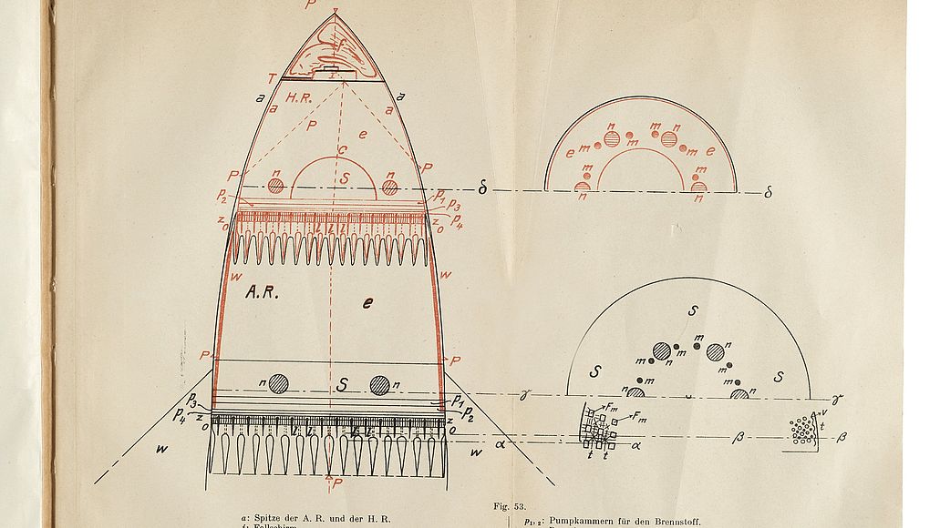 Oberths Modell einer Weltraumrakete.  
