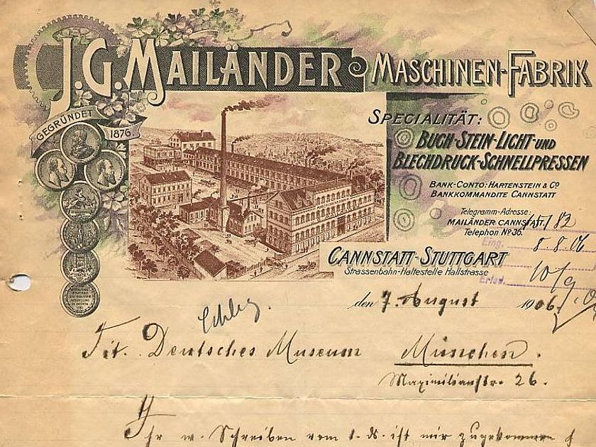Brief mit gestaltetem Briefkopf mit Fabrikgelände und Auszeichnungen