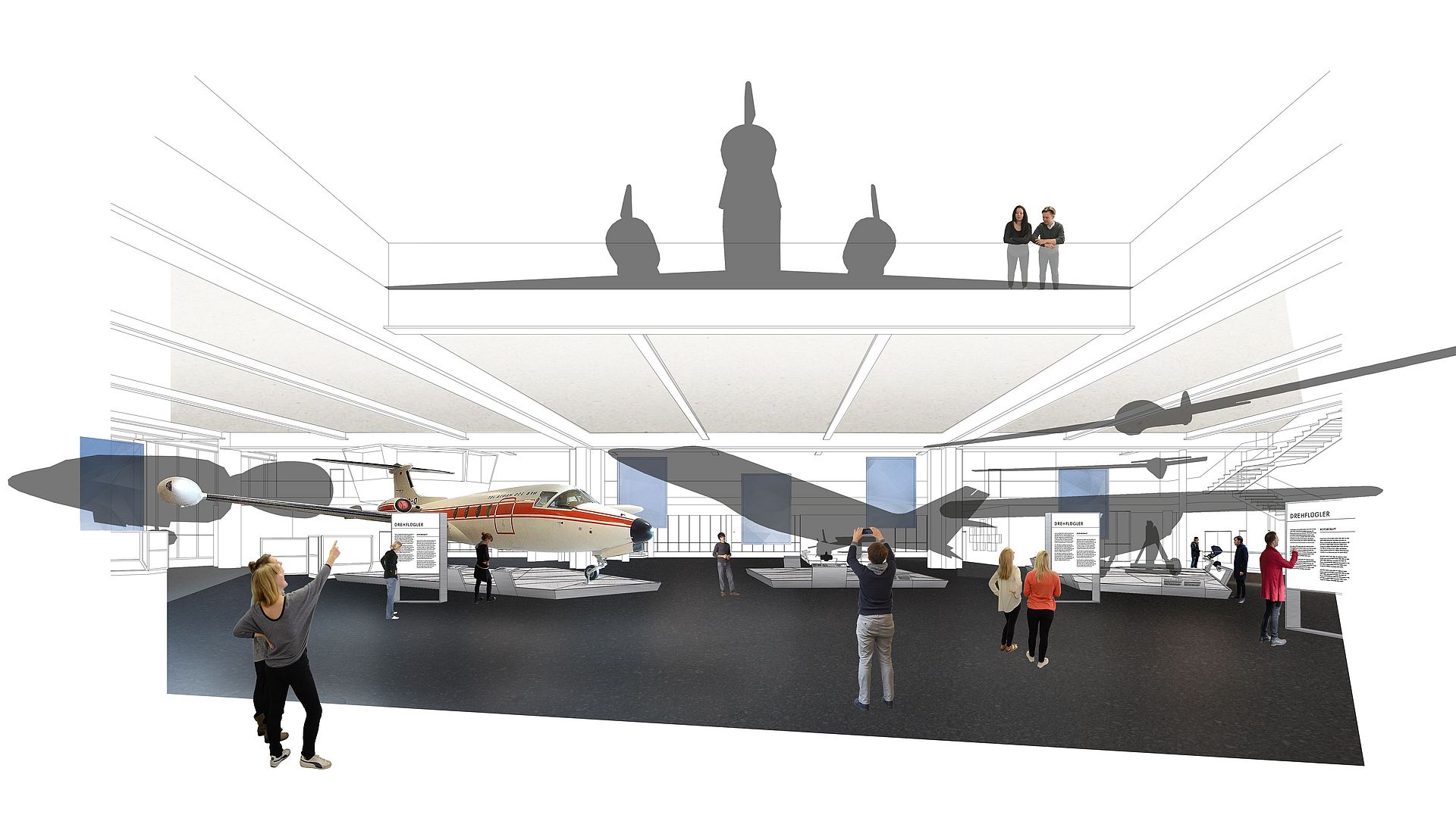 Rendering einer Raumansicht der Modernen Luftfahrt.