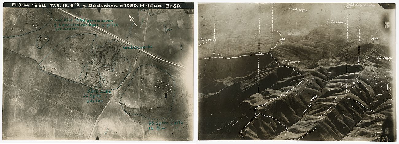 Eine senkrechte Luftaufnahme aus dem Jahr 1918 in Palästina (links) und die Schrägansicht eines Teils der venezianischen Voralpen.