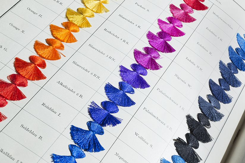 Mustertafel mit Farbmustern für Seide.