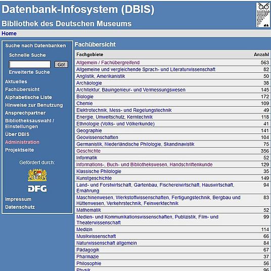 Screenshot von DBIS, mit Auflistung der Fachgebiete.