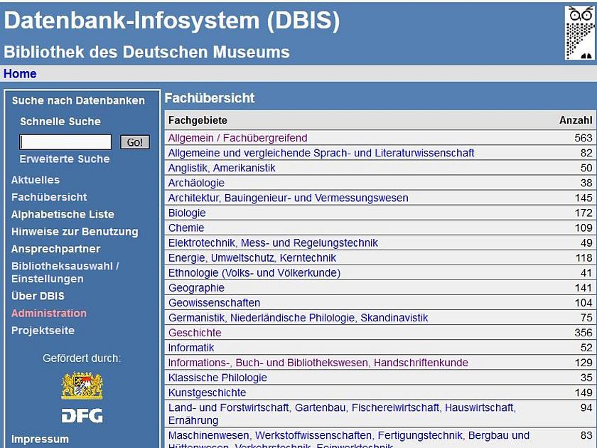 DBIS Screenshot von DBIS, mit Auflistung der Fachgebiete.