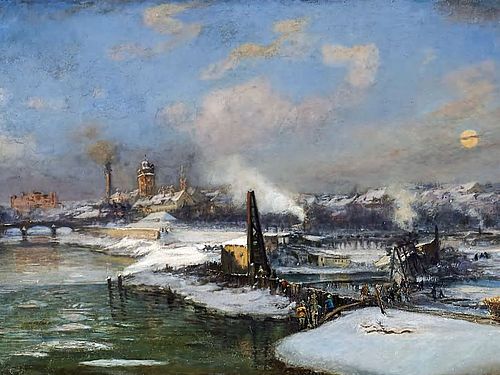 Das Gemälde zeigt den Baugrund für das Ausstellungsgebäude des Deutschen Museums, die sogenannte "Kohleninsel".