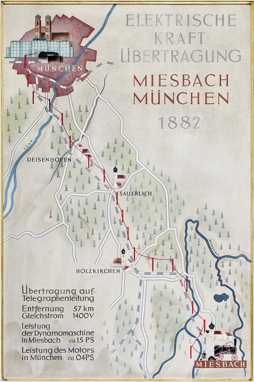 Erinnerungstafel an die erste Weitstrecken-Energieübertragung Miesbach-München 1882 (Oskar von Miller) mit 1400 V.