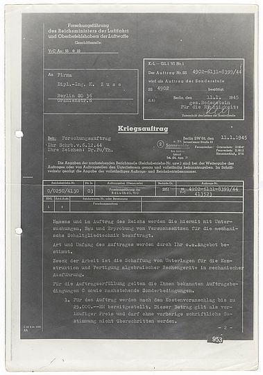 Kriegsauftrag der Forschungsführung des Reichsministers für Luftfahrt für Konrad Zuse, 11.1.1945. 
