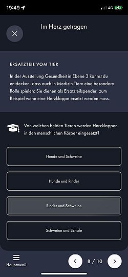 Screenshot der Quiztour "Tiere im Museum". Frage und 4 Antwortmöglichkeiten.