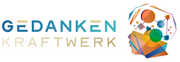 Logo: Gedankenkraftwerk, Schrift und Illustration Kopf mit geometrischen Elementen