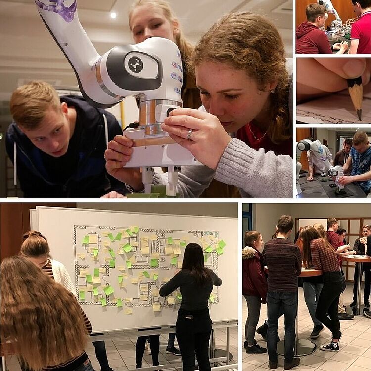 Collage aus mehreren Fotos: Jugendliche arbeiten gemeinsam an einem Roboterarm, Anbringen von Post‑it‑Notizen auf einem großen Plan/Whiteboard und Kleingruppen, die an Stehtischen diskutieren; Nahaufnahmen zeigen Hände am Roboter und eine Hand mit Bleistift beim Schreiben.