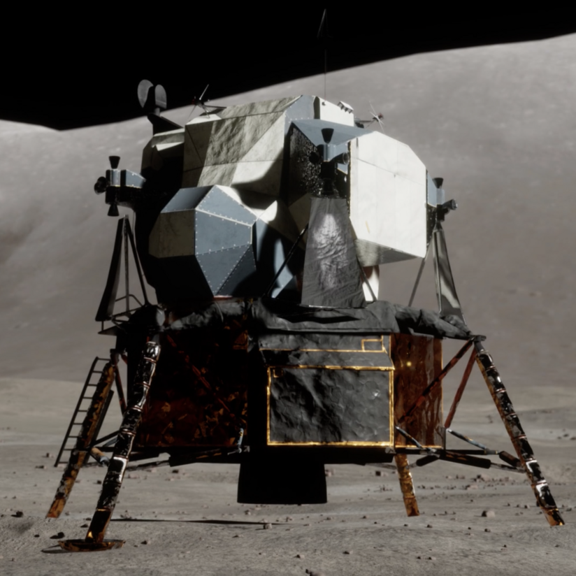 Screenshot einer Virtual Reality Szene der Apollo 15 Landing Site mit dem Landemodul auf dem Mond