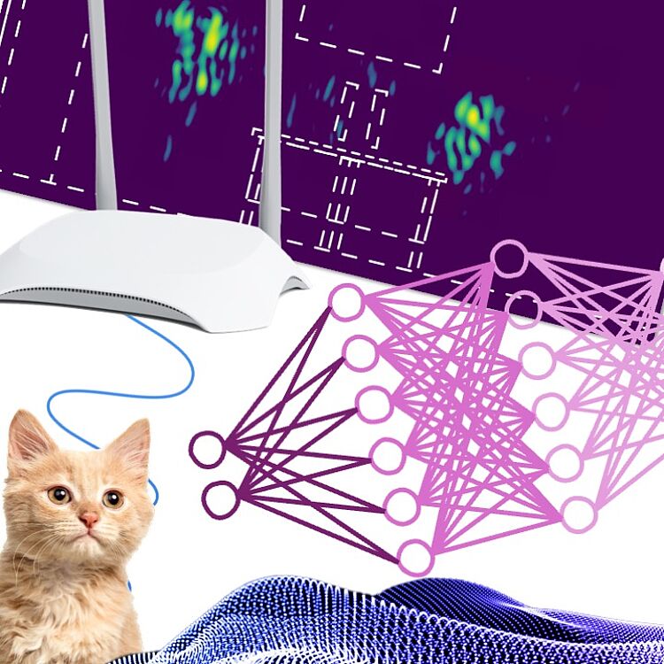 Grafische Darstellung von künstlicher Intelligenz: Ein Kätzchen dient als Eingabe für ein stilisiertes neuronales Netzwerk mit pinken und violetten Verbindungen; darüber abstrakte Heatmap-Muster, unten digitale Wellenstruktur.