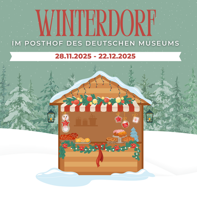 Illustration: Typo "Winterdorf" kleine Bude mit Kuchen und Plätzchen, vor verschneiter Winterlandschaft