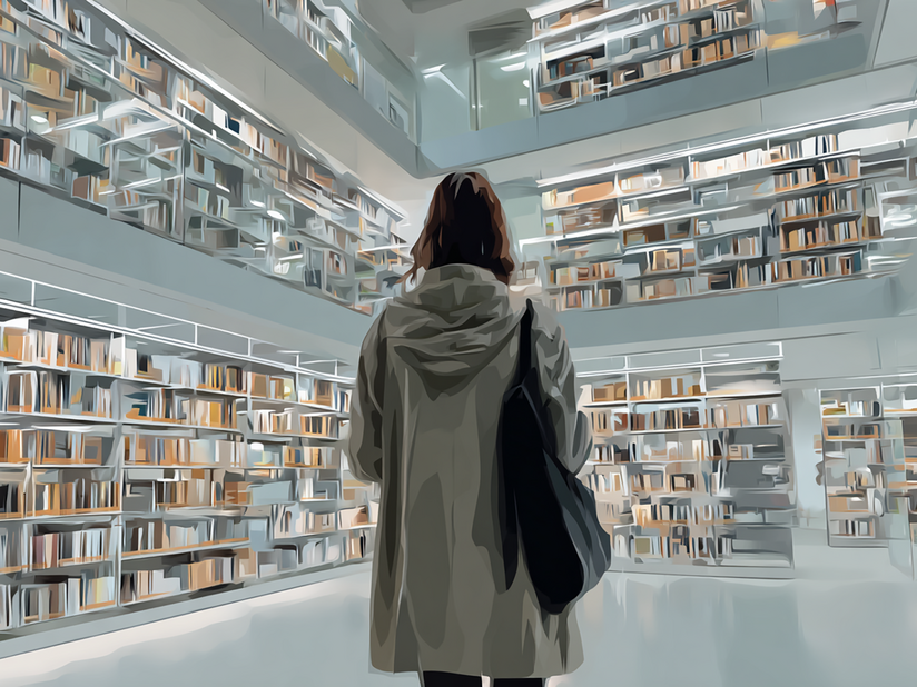 Eine Person in einem hellen Mantel mit Schultertasche steht im Vordergrund und blickt in eine moderne, mehrstöckige Bibliothek mit weißen Regalen, Glasbrüstungen und hunderten Büchern auf mehreren Ebenen.
