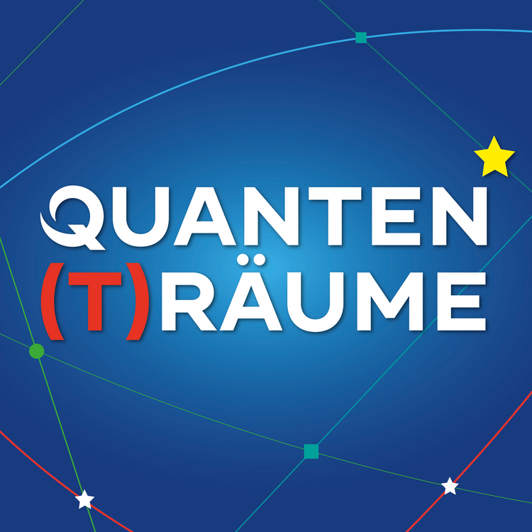 Logo mit dem Schriftzug "QUANTEN (T)RÄUME" in großen weißen Buchstaben auf blauem, geometrisch vernetztem Hintergrund; das "(T)" ist rot, Sterne und farbige Verbindungspunkte ergänzen das Design.