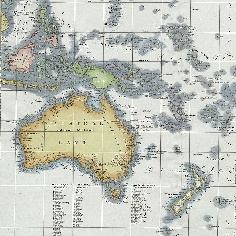 Karte von Australien und Umgebung von Friedrich Wilhelm Streit, 1839. Signatur: KT 02010 Farbige Karte, Druck.