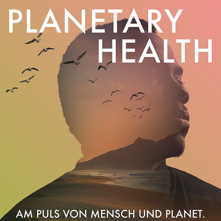 Doppelbelichtung eines nach rechts blickenden Schwarzen Mannes, in dessen Silhouette Meer, Strand, Berge und ein Schwarm fliegender Möwen bei Sonnenuntergang zu sehen sind; Titeltext „PLANETARY HEALTH“ oben und Slogan „AM PULS VON MENSCH UND PLANET.“ unten.