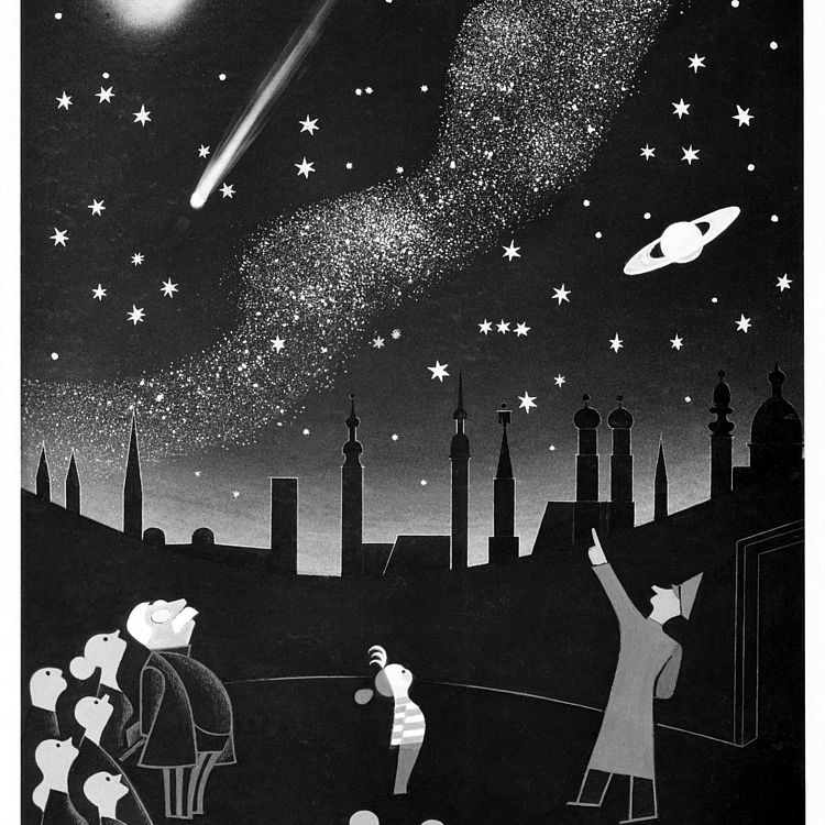 Illustriertes schwarz-weiß Werbeplakat. Museumsbesuchern wird der Sternenhimmel über München gezeigt.