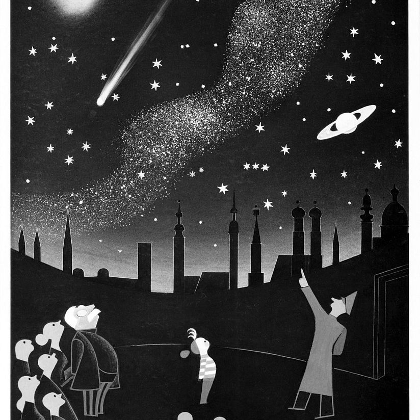 Illustriertes schwarz-weiß Werbeplakat. Museumsbesuchern wird der Sternenhimmel über München gezeigt.