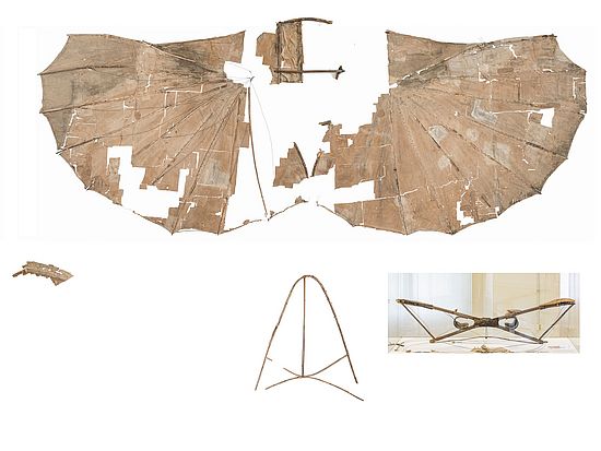 Der Lilienthal-Gleiter ausgebreitet in der Aufsicht. Die Konstruktion weißt Schäden auf, einiges ist noch sehr gut original erhalten.