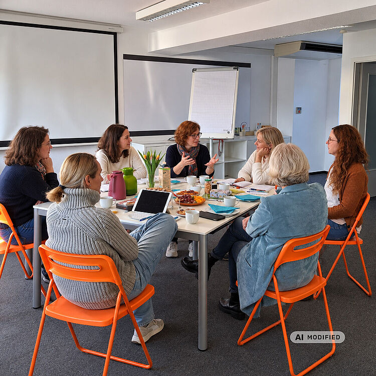 Sieben Frauen sitzen an einem Besprechungstisch in einem hellen Seminarraum, diskutieren, mit Kaffee, Tablet und Snacks.
