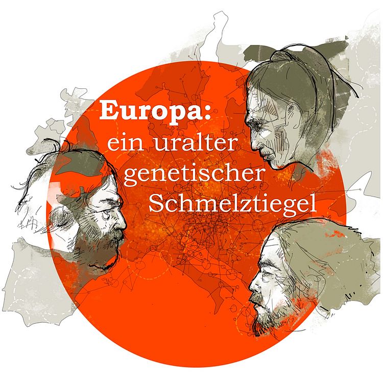Landkarte Europa auf der drei Männerköpfe abgebildet sind.