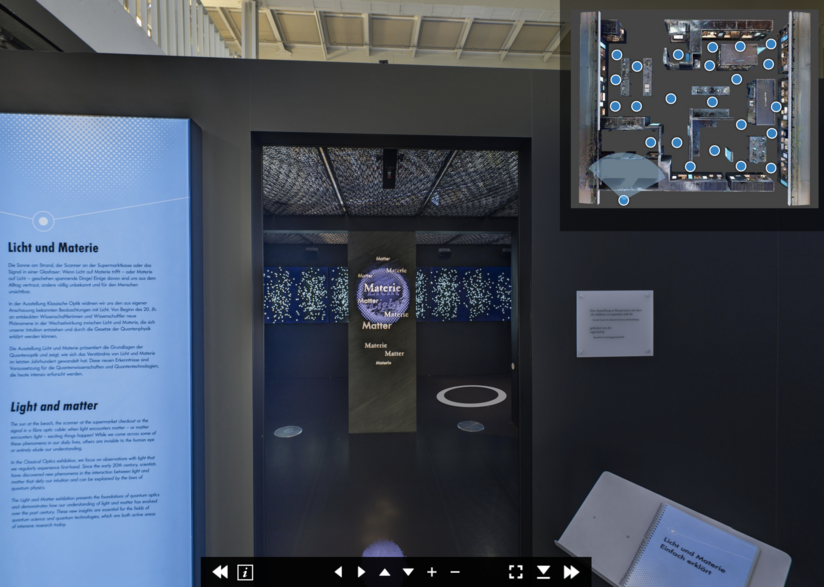 Bild der Ausstellung, dazu Steuerungselemente und ein Lageplan