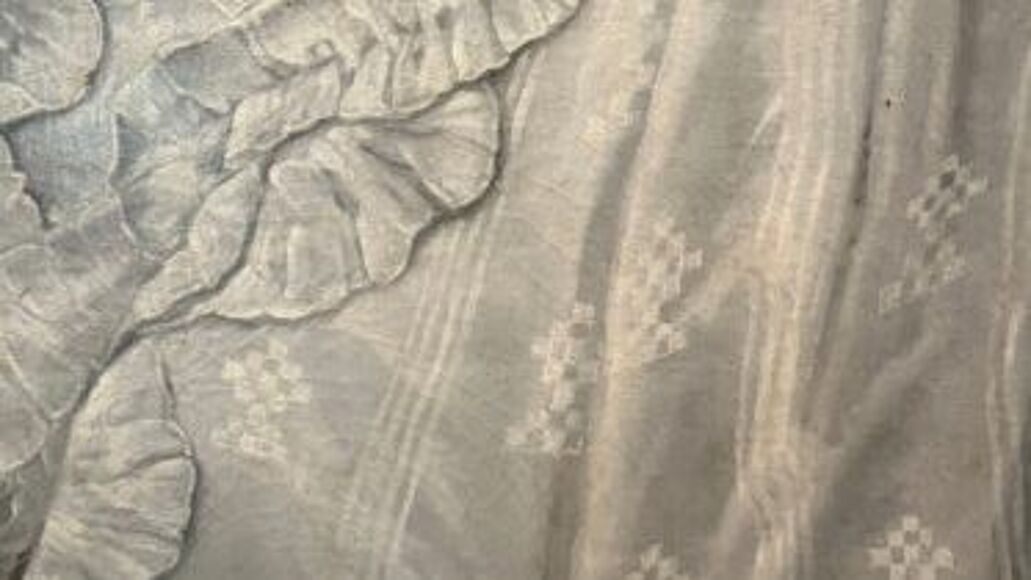 Detailfotografie eines Kleidstoffs aus einem Gemälde von Friederike Charlotte von Brandenburg-Ansbach. Zu erkennen sind grafisch-geometrische Muster, Streifen und stilisierte Bäume auf dem weißen Stoff.