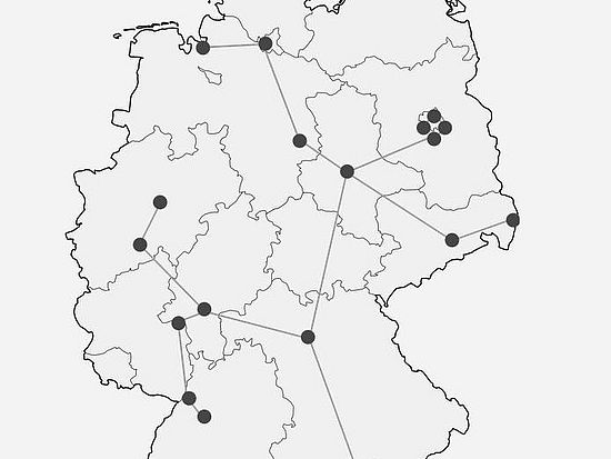 Deutschlandkarte mit markierten Stellen an denen OSIRIS Forschung betrieben wird