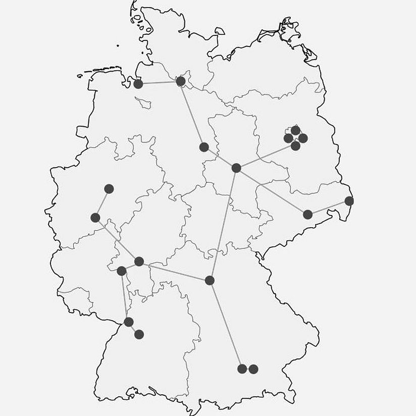Deutschlandkarte mit markierten Stellen an denen OSIRIS Forschung betrieben wird