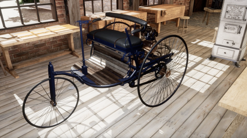 Screenshot einer Virtual Reality Szene des Benz Patent Motorwagens in der Werkstatt