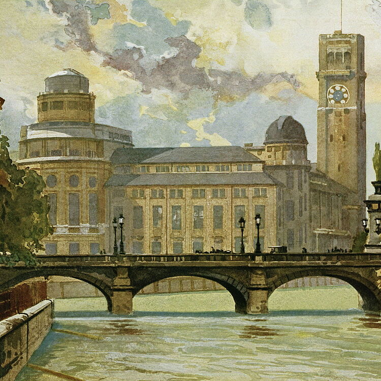 Das Gemälde zeigt eine Ansicht des Museumsgebäudes aus Richtung Norden im Eröffnungsjahr 1925. 