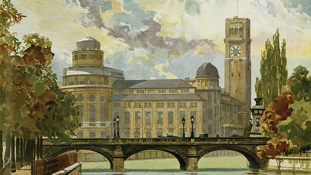 Das Gemälde zeigt eine Ansicht des Museumsgebäudes aus Richtung Norden im Eröffnungsjahr 1925. 