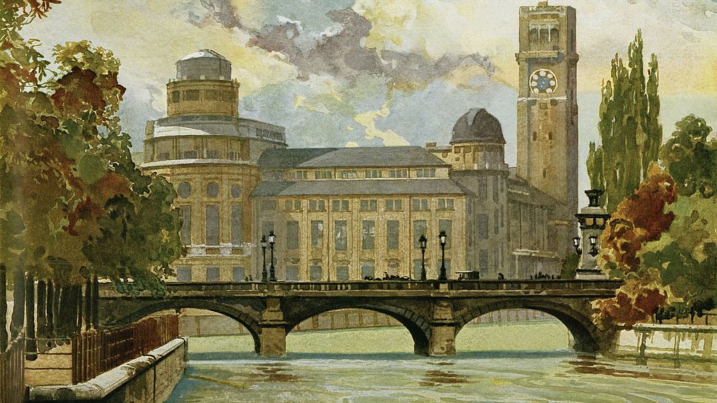 Das Gemälde zeigt eine Ansicht des Museumsgebäudes aus Richtung Norden im Eröffnungsjahr 1925.