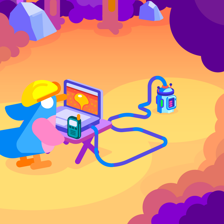 Comic-Illustration eines Vogels, der am Laptop steht und eine Bohrung in den Untergrund überwacht.