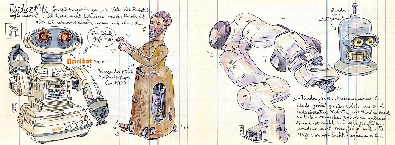 Blick ins Buch von Lapin. Zu sehen ist die gezeichnete Robotikausstellung.
