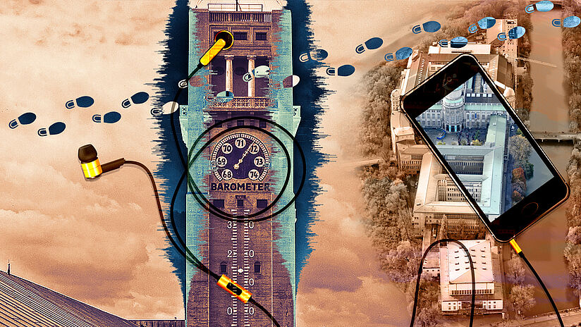 Der Museumsturm und die ganze Museumsinsel von oben darüber eine Smartphone mit Kopfhörern.