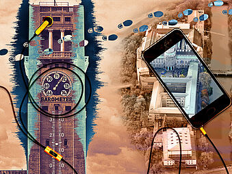 Der Museumsturm und die ganze Museumsinsel von oben darüber eine Smartphone mit Kopfhörern.