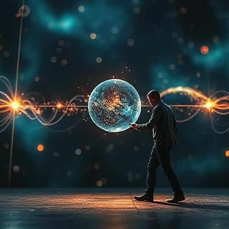 Ein Mann in dunkler Kleidung steht auf einer leeren Bühne und hält vor sich eine leuchtende, durchscheinende Kugel, umgeben von orange-blauen Lichtwellen und funkelnden Partikeln vor einem tiefblauen, kosmischen Hintergrund.