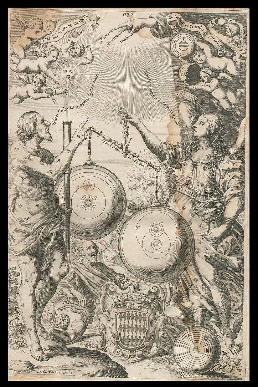 Frontispiz des Almagest: Riccioli plädiert für das tychonische Weltbild.