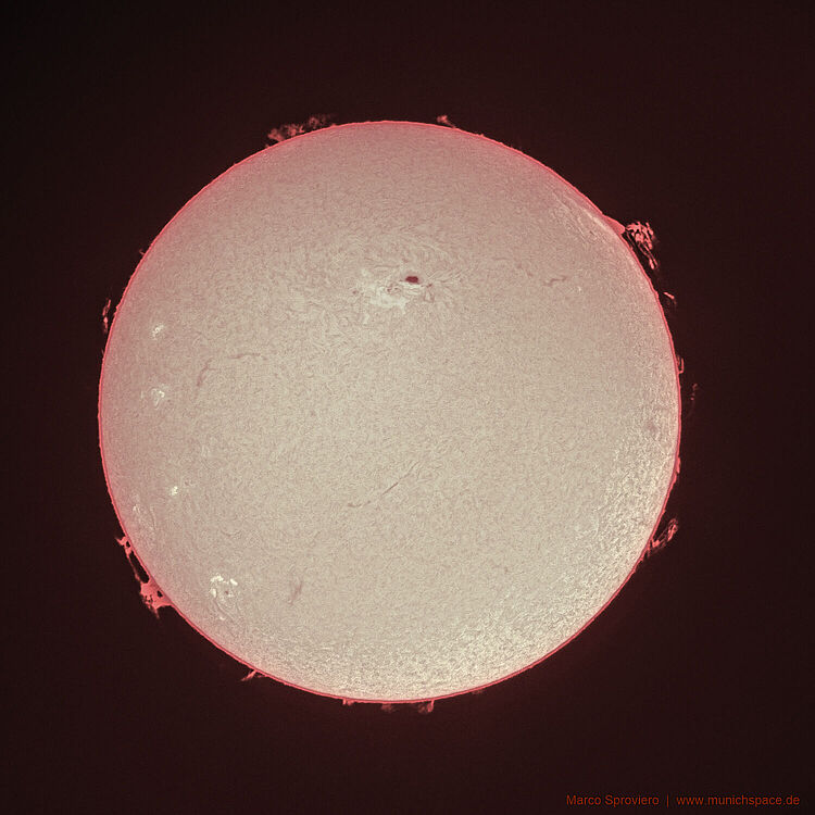 Nahaufname der Sonne in H-alpha-Färbung: großer rötlicher Sonnenrand mit hellen Protuberanzen und Filamentstrukturen auf der Oberfläche, sichtbare Sonnenflecken und feine Granulationsmuster.