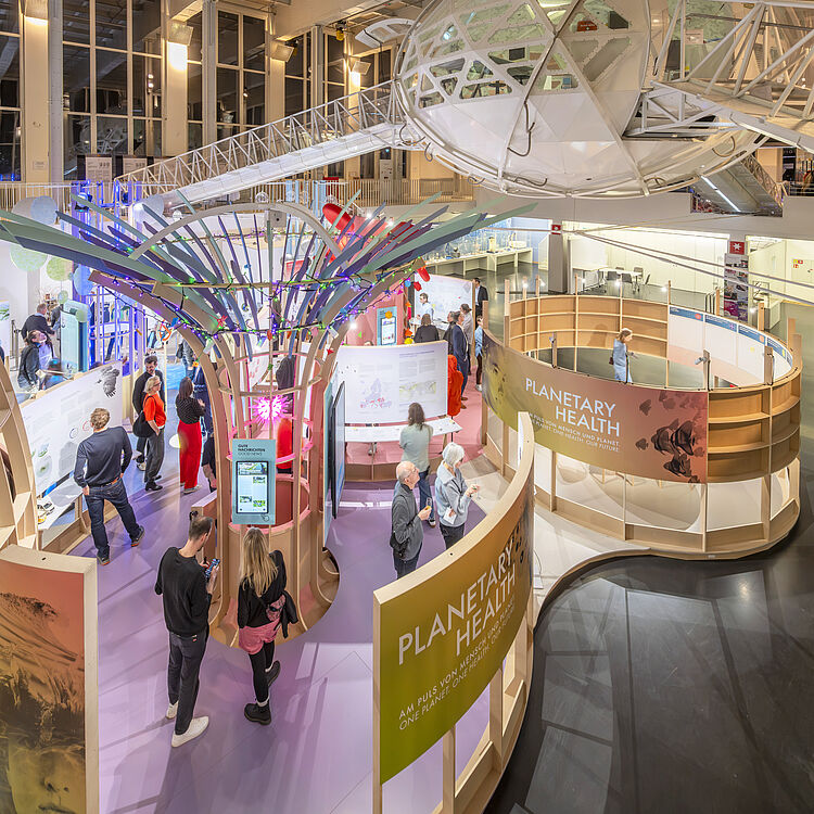 Große interaktive Ausstellungshalle mit dem Thema "Planetary Health": helle Innenarchitektur, geschwungene Holz- und Paneel-Infostände, zentrales baumförmiges Ausstellungsmodul mit bunten Lichtern, Besucherinnen und Besucher, hängende weiße Kapselplattform mit Zugangsrampen im oberen Bereich, Infotafeln und interaktive Bildschirme.