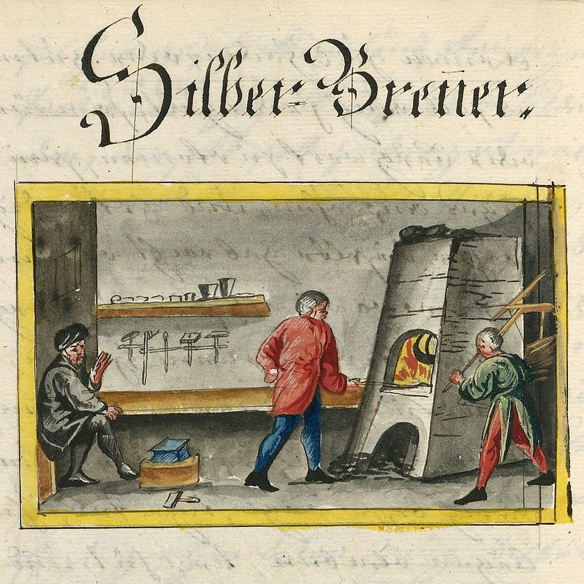 „Silberbrenner“ Abbildung aus dem  „Schwazer Bergbuch“, 1556 Schwazer Bergbuch im Archiv des Deutschen Museums